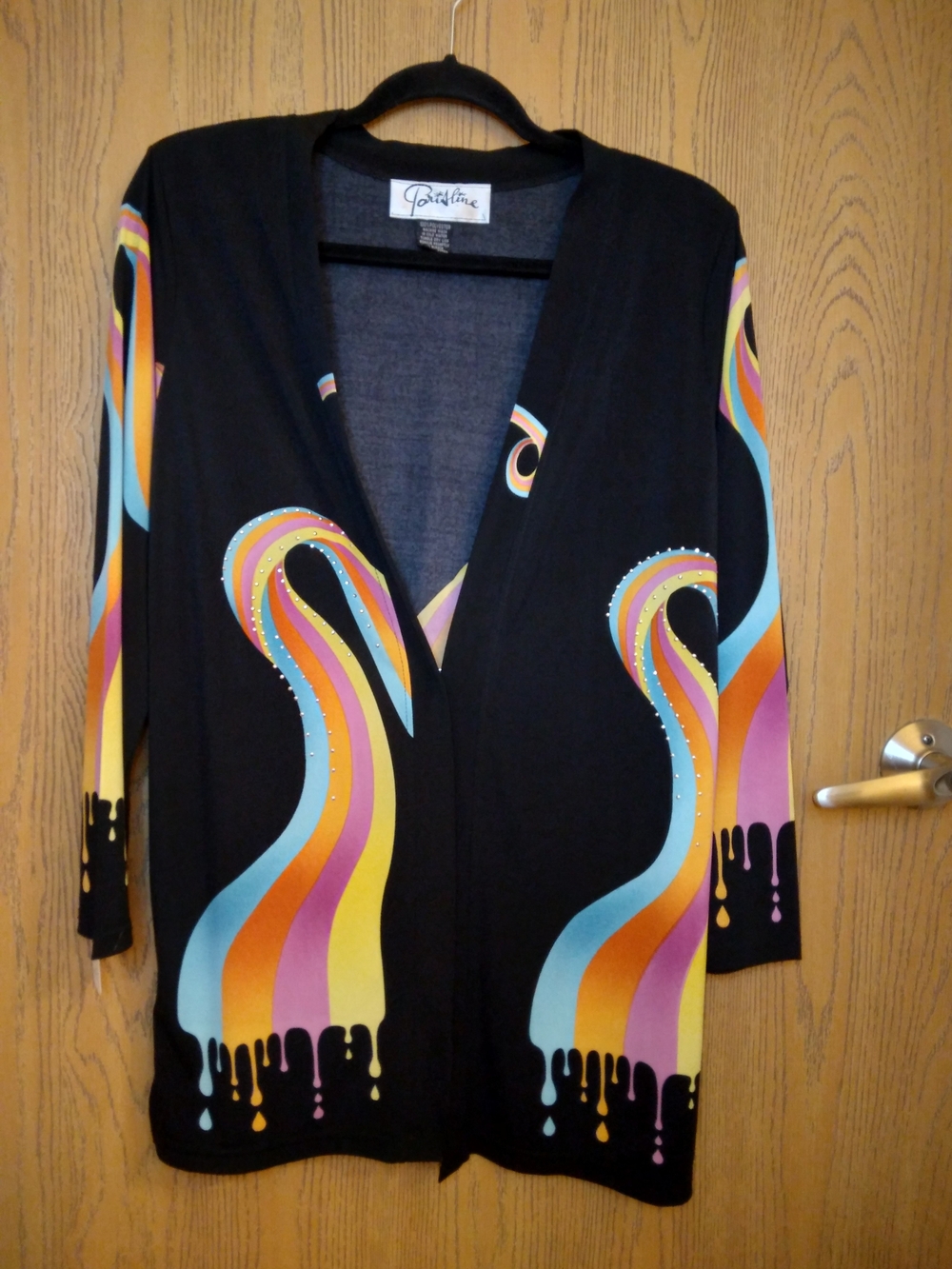 Vintage 80s Parisline Artsy Cardigan Rainbow Swirl Drips and Rhinestones
